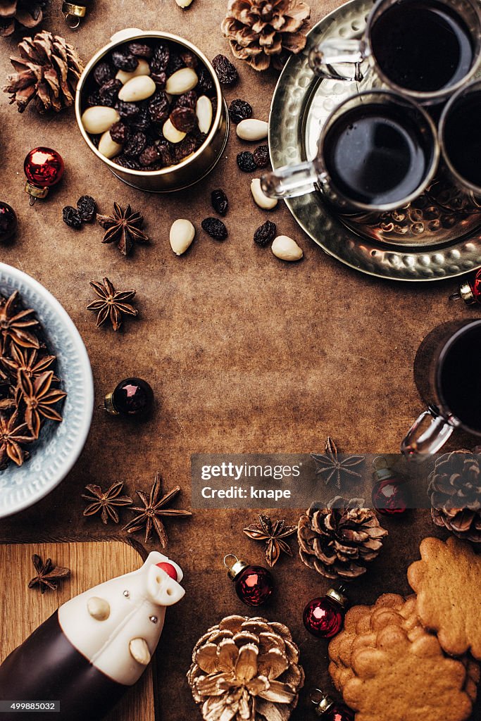 Christmas background with glögg ginger bread cookies and other food
