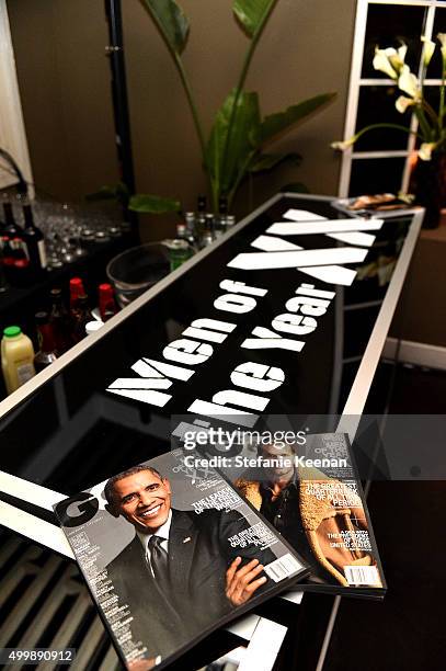 S Men of the Year issue is seen on display at the GQ 20th Anniversary Men of the Year Party at Chateau Marmont on December 3, 2015 in Los Angeles,...