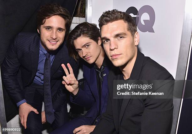 Actors Diego Boneta, Will Peltz and Zac Frognowski attend the GQ 20th Anniversary Men of the Year Party at Chateau Marmont on December 3, 2015 in Los...