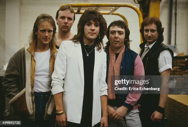 Group portrait of rock band Alaska - Richard Bailey, John Marter, Robert Hawthorn, Bernie Marsden, Brian Badham, London, United Kingdom, 1984.