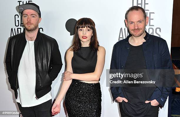 Recording artists Iain Cook, Lauren Mayberry and Martin Doherty of Chvrches arrive at The Game Awards 2015 at Microsoft Theater on December 3, 2015...