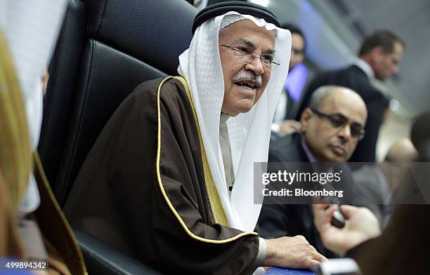 Ali Bin Ibrahim al-Naimi, Saudi Arabia's petroleum and mineral resources minister, speaks to journalists ahead of the 168th Organization of Petroleum...