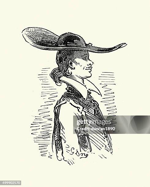 stockillustraties, clipart, cartoons en iconen met don quixote - man in the wide brimmed hat - hoed met rand