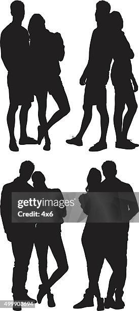 couple standing in various actions - back to back silhouette stock illustrations