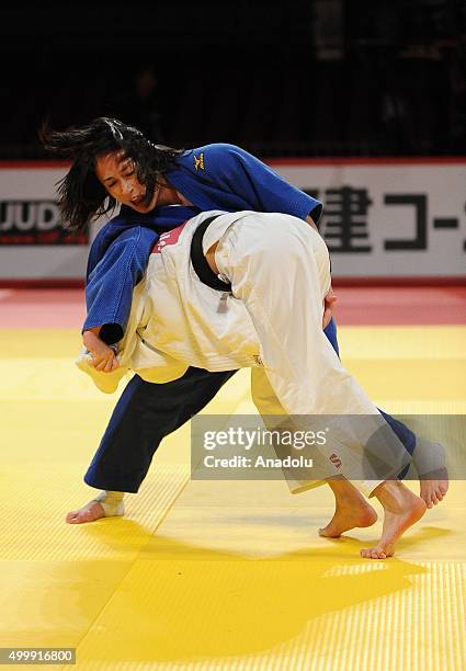 Turkish judoka Ebru Sahin in action against Russian judoka Natalia Kondratyeva in the women's 48-kilogram category final at the Judo Grand Slam Tokyo...