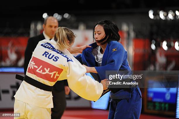 Turkish judoka Ebru Sahin in action against Russian judoka Natalia Kondratyeva in the women's 48-kilogram category final at the Judo Grand Slam Tokyo...