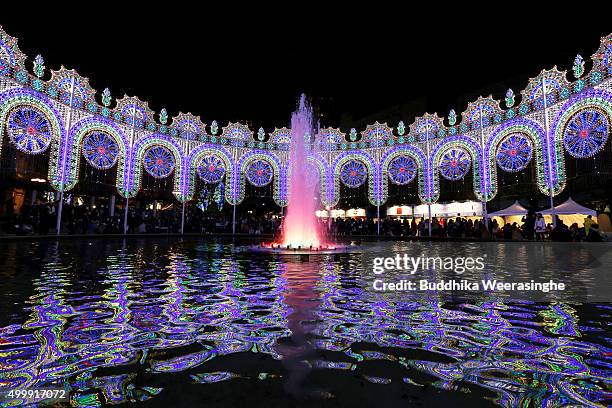 An illuminated structure seen surrounding a fountain as a part of the 21th Kobe Luminarie on December 4, 2015 in Kobe, Japan. This annual event,...