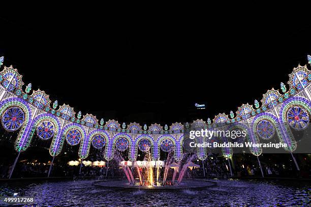 An illuminated structure seen surrounding a fountain as a part of the 21th Kobe Luminarie on December 4, 2015 in Kobe, Japan. This annual event,...