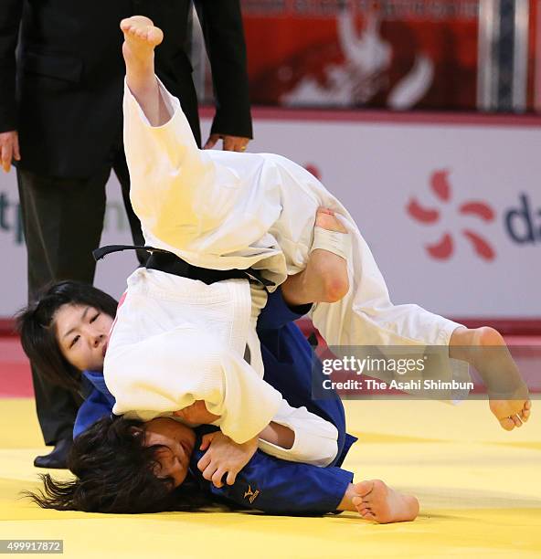 Misato Nakamura and Ai Shishime of Japan compete in the Women's -52kg final during day one of the Judo Grand Slam Tokyo at the Tokyo Metropolitan...