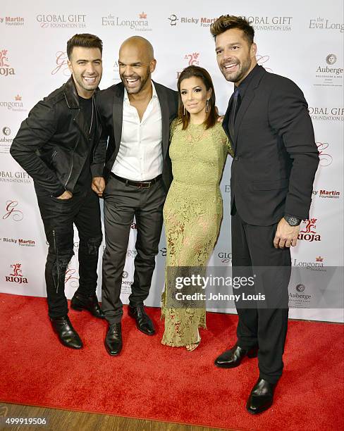 Jencarlos Canela, Amaury Nolasco, Eva Longoria and Ricky Martin attend the Global Gift Foundation Dinner at Auberge Residences & Spa sales office on...