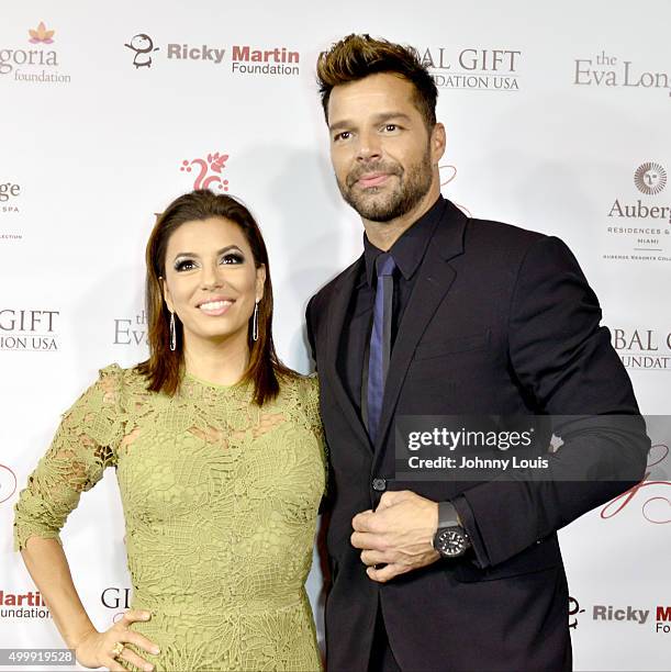 Eva Longoria and Ricky Martin attend the Global Gift Foundation Dinner at Auberge Residences & Spa sales office on December 3, 2015 in Miami, Florida.