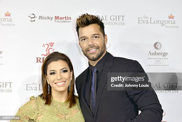 Eva Longoria and Ricky Martin attend the Global Gift Foundation Dinner at Auberge Residences & Spa sales office on December 3, 2015 in Miami, Florida.