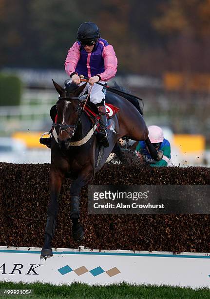 Jamie Moore riding Antony clear the last to win The Amlin Insurance Novices' Limited Handicap Steeple Chase at Sandown racecourse on December 04,...