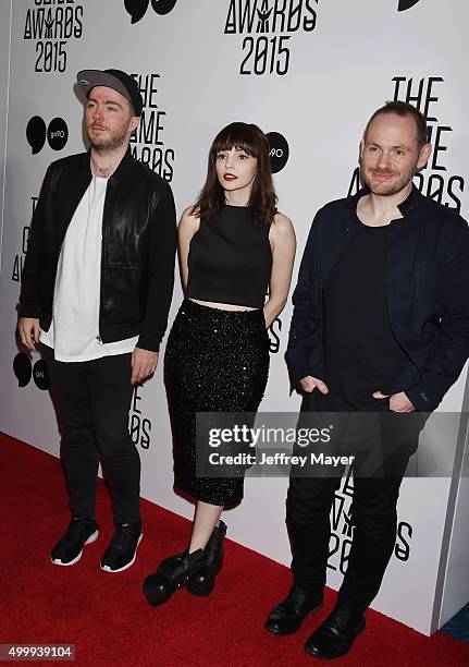 Musicians Martin Doherty, Lauren Mayberry and Iain Cook of Chvrches arrive at The Game Awards 2015 - Arrivals at Microsoft Theater on December 3,...