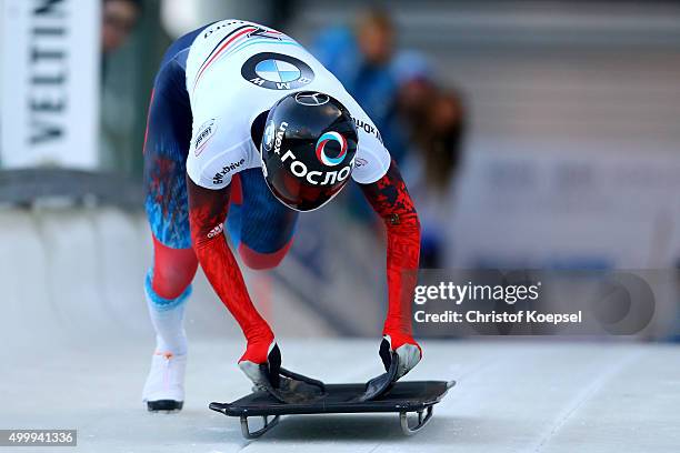 Alexander Tretiakov of Russia competes in his first run of the men's skeleton competition during the BMW IBSF Bob & Skeleton Worldcup at Veltins...