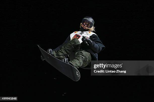 Sage Kotsenburg of United States competes during the Air + Style Beijing 2015 Snowboard World Cup at Beijing National Stadium on December 4, 2015 in...