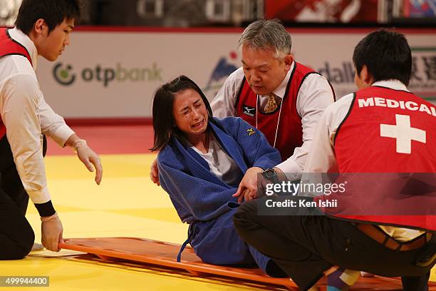Ebru Sahin of Turkey reacts in pain in the Women's 48kg bronze medal match between Ebru Sahin of Turkey and Nataliya Kondratyeva of Russia at Tokyo...