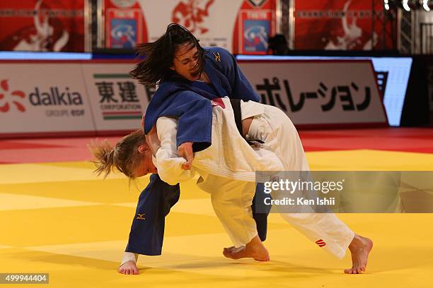 Ebru Sahin of Turkey reacts in pain in the Women's 48kg bronze medal match between Ebru Sahin of Turkey and Nataliya Kondratyeva of Russia at Tokyo...