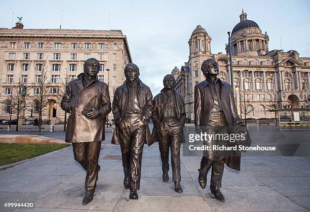 New Statue of The Beatles by sculptor Andy Edwards is unveiled at Pier Head on December 4, 2015 in Liverpool, England. The bronze sculpture was...