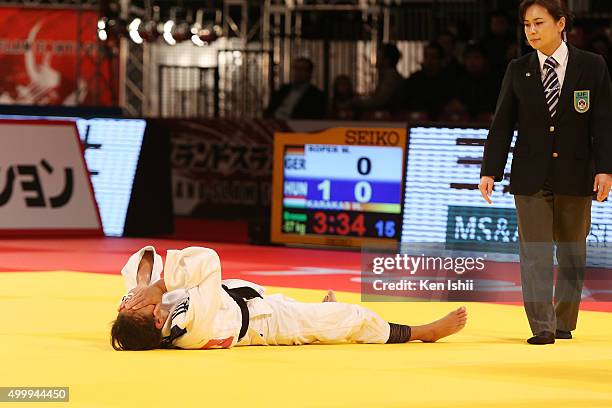 Miryam Roper of Germany reacts after lose against Hedvig Karakas of Hungary in the Women's 57kg bronze medal match at Tokyo Metropolitan Gymnasium on...