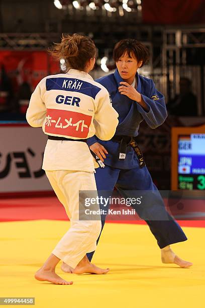 Yuki Hashimoto of Japan and Mareen Kraeh of Germany compete in the Women's 52kg bronze medal match between Yuki Hashimoto of Japan and Mareen Kraeh...