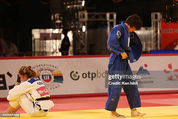 Yuki Hashimoto of Japan reacts after defeating Mareen Kraeh of Germany in the Women's 52kg bronze medal match between Yuki Hashimoto of Japan and...