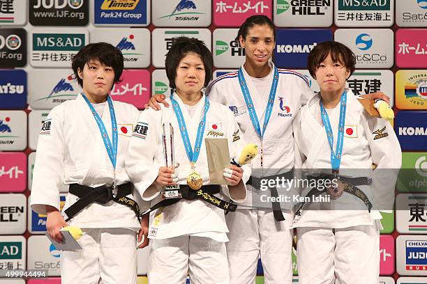 Ai Shishime of Japan , Misato Nakamura of Japan , Annabelle Euranie of France and Yuki Hashimoto of Japan pose for photo on the podium after the...
