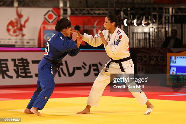 Annabelle Euranie of France and Yuka Nishida of Japan compete in the Women's 52kg bronze medal match between Anna Richard of France and Yuka Nishida...