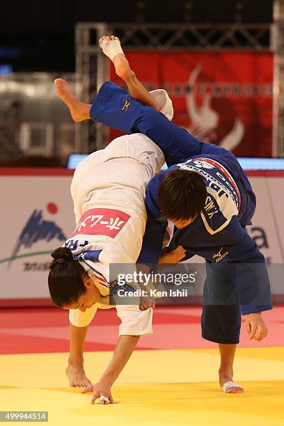 Annabelle Euranie of France throws Yuka Nishida of Japan for wazari in the Women's 52kg bronze medal match between Anna Richard of France and Yuka...