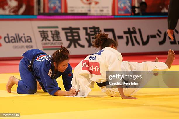 Rafaela Silva of Brazil and Sumiya Dorjsuren of Mongolia compete in the Women's 57kg bronze medal match at Tokyo Metropolitan Gymnasium on December...