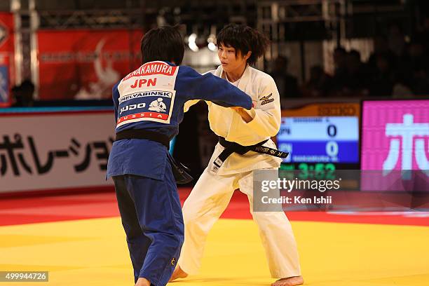 Ai Shishime of Japan and Misato Nakamura of Japan compete in the Women's 52kg final match at Tokyo Metropolitan Gymnasium on December 4, 2015 in...