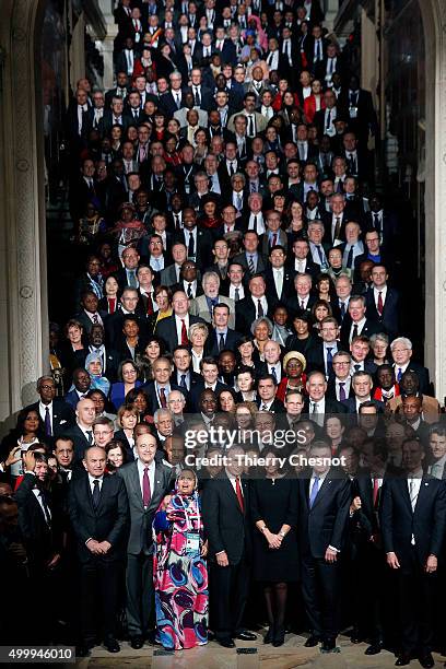 Former Mayor of New York City, Michael Bloomberg and Mayor of Paris, Anne Hidalgo pose with thousand mayors from different cities at the Paris city...