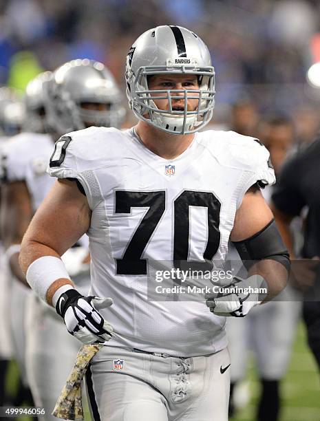 Tony Bergstrom of the Oakland Raiders looks on during the game against the Detroit Lions at Ford Field on November 22, 2015 in Detroit, Michigan. The...