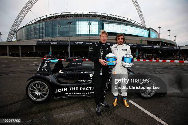 Johnnie Walker® Global Responsible Drinking Ambassador Mika Häkkinen pictured swapping helmets with McLaren Honda driver and former F1 world champion...