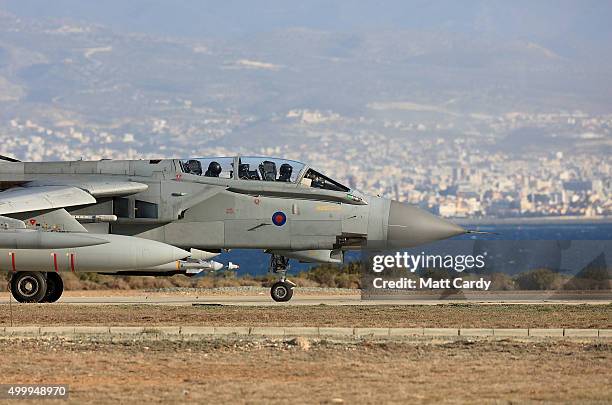 Tornado returns to RAF Akrotiri on the first sortie following the decision by the UK government to approve air strikes in Syria on December 3, 2015...