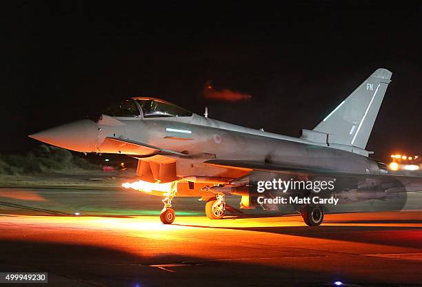 Typhoon leaves RAF Akrotiri on a sortie as part of Operation Shader on December 4, 2015 in Akrotiri, Cyprus. Yesterday the RAF sent two further...