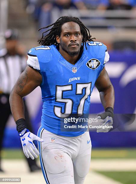 Josh Bynes of the Detroit Lions looks on from the sidelines during the game against the Oakland Raiders at Ford Field on November 22, 2015 in...