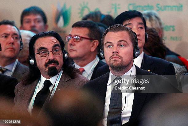 Actor Leonardo DiCaprio and his father George DiCaprio attend a Summit of Local elected for Climate at the Paris city hall on December 04, 2015 in...