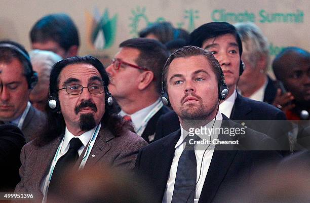 Actor Leonardo DiCaprio and his father George DiCaprio attend a Summit of Local elected for Climate at the Paris city hall on December 04, 2015 in...