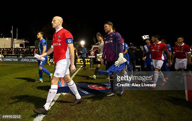 Chris Lynch of Salford City leads his team out for the Emirates FA Cup Second Round match between Salford City and Hartlepool United at Moor Lane on...