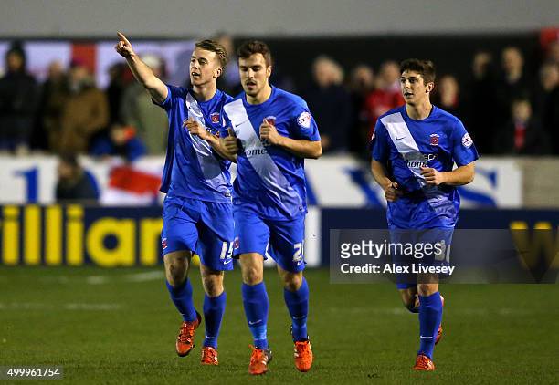 Rhys Oates of Hartlepool United celebrates scoring his side's first goal from the penalty spot during the Emirates FA Cup Second Round match between...