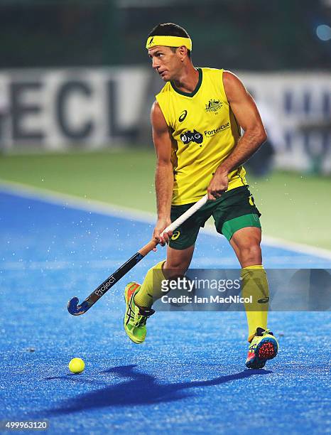 Jamie Dwyer of Australia controls the ball during the match between Australia and Netherlands on day eight of The Hero Hockey League World Final at...