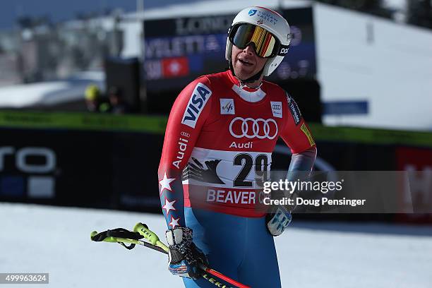 Marco Sullivan of the United States reacts after he failed to finish the men's downhill at the 2015 Audi FIS Ski World Cup on the Birds of Prey on...