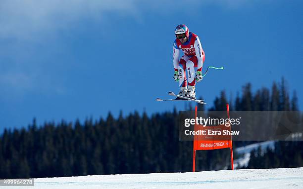 Sandro Viletta of Switzerland goes over the Red Tail jump during the Audi FIS Ski World Cup downhill race on the Birds of Prey on December 4, 2015 in...