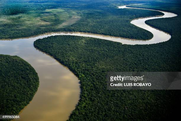 Aerial view of the Inirida river Colombian in the Puinawai National Nature Reserve, department of Guainia, Colombia, on November 26 during the...