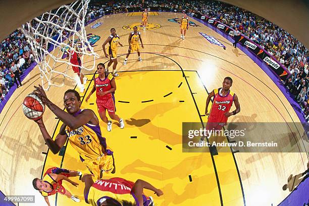 Clarisse Machanguana drives to the basket during GameTwo of the First Round against the Phoenix Mercury at the Staples Center in Los Angeles,...