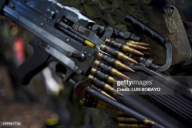 View of an ammo machine gun carried by a Colombian soldier as he patrols the Inirida River during the Anostomus II operation against illegal mining...