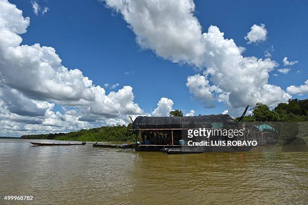 View of an illegal gold mine during the Anostomus II operation against illegal mining by the Inirida River in the Puinawai National Nature Reserve,...