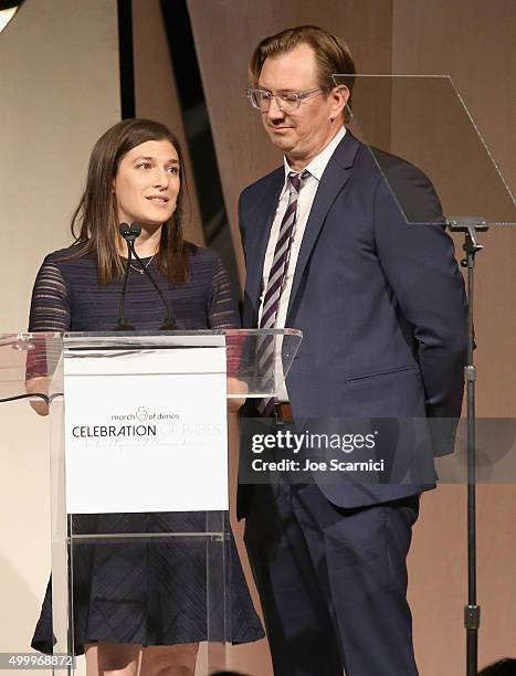 Alexa Faigen and Scott Aversano speak onstage at the March Of Dimes Celebration Of Babies Luncheon honoring Jessica Alba at the Beverly Wilshire Four...