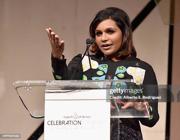 Actress Mindy Kaling speaks onstage at the March Of Dimes Celebration Of Babies Luncheon honoring Jessica Alba at the Beverly Wilshire Four Seasons...